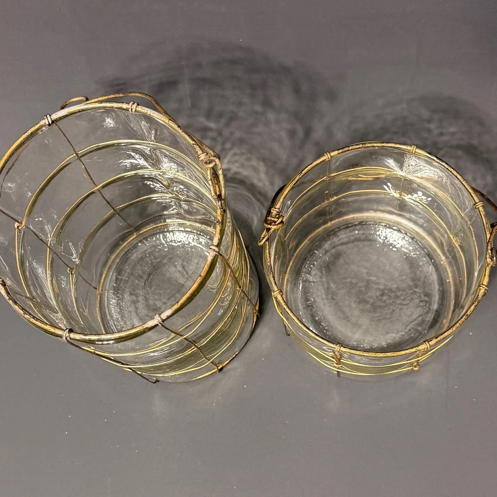 Rustic Wire Cage Glass Cylinder Vases Set of 2 Hurricane Candle Holders Gold